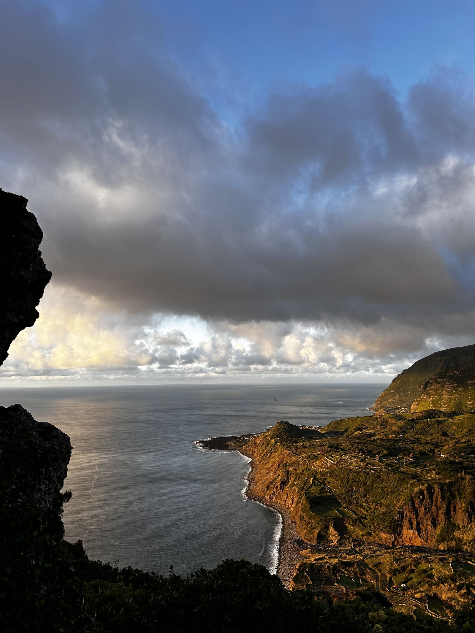 Costa oeste da Ilha das Flores ao fim da tarde, com falésias e campos em socalcos sobre o oceano