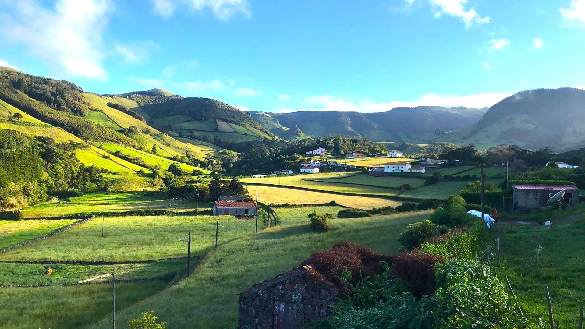 O Vale da Fazenda, com pastagens, muros de pedra e as encostas da Ilha das Flores